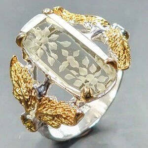 Ring Natural Green Amethyst Etched with Peridot Accents 925 Size 9